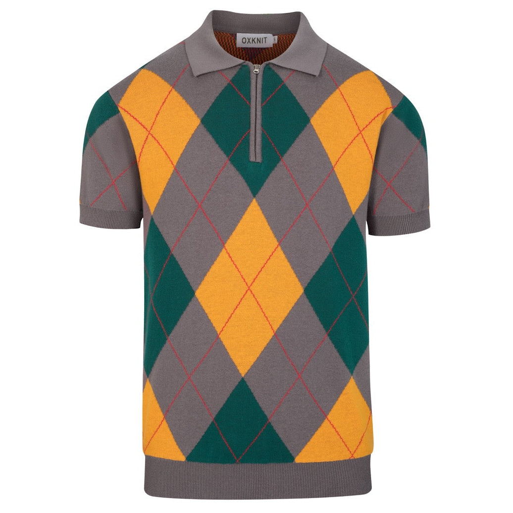 Men's Grey Classic Diamond Pattern Jacquard Polo Knit Shirt – OXKnit