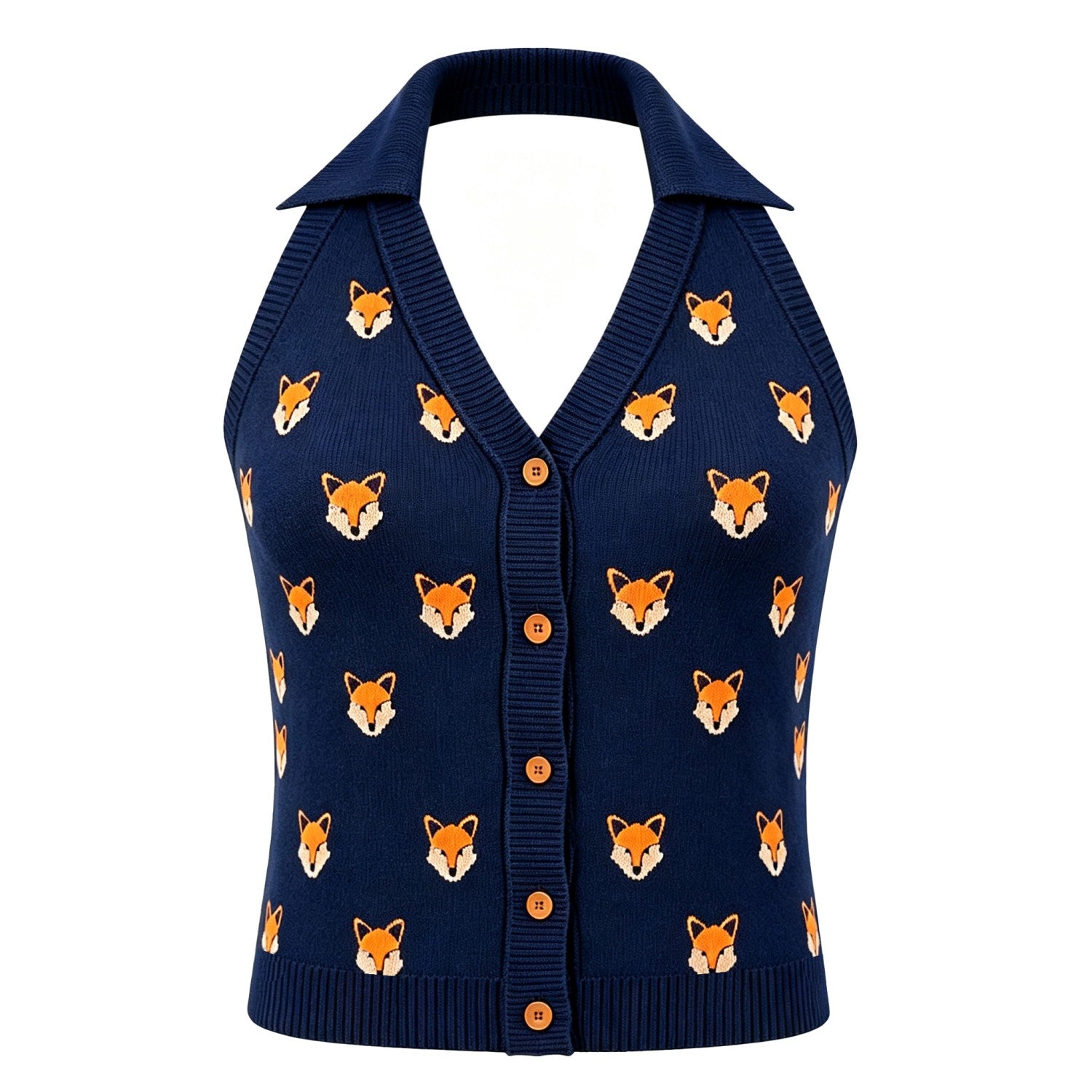 Women's Dark Blue Classic Fox Jacquard Style Halter Knit Vest – OXKnit