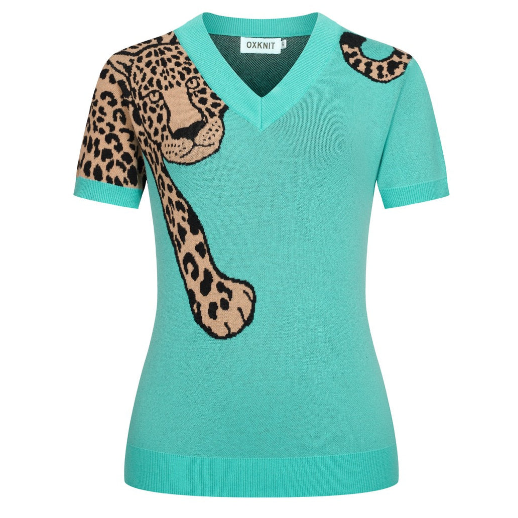 【LEOPARD】Patterned knit tee Women's Green V-Neck Leopard Print Knit T-Shirt – OXKnit