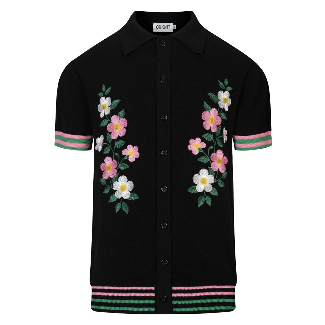 Men's black floral embroidered and striped trim knit cardigan – OXKnit