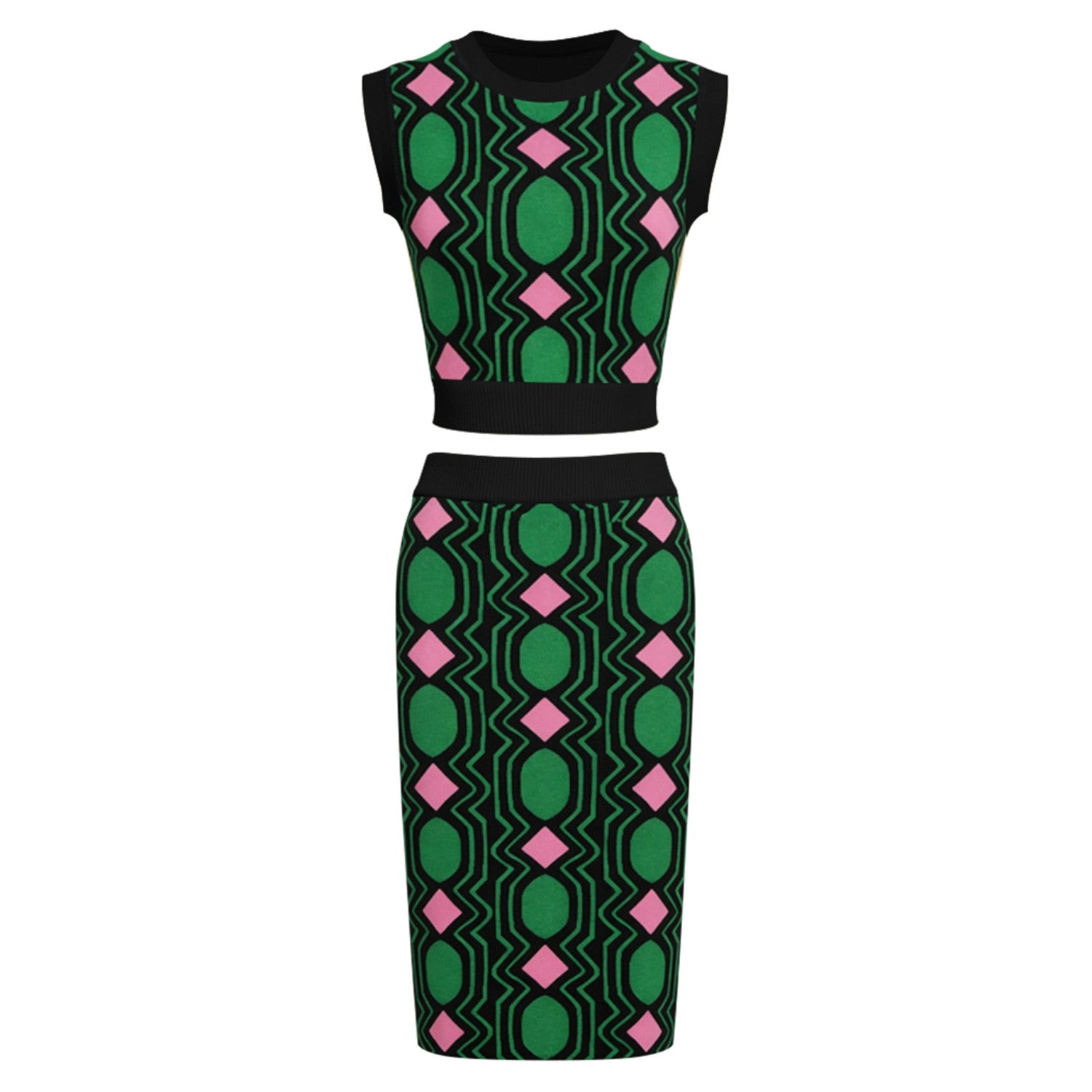 Women's Black Vintage-Style Jacquard Knit Tank Dress Set with Unique Pattern, Black / L