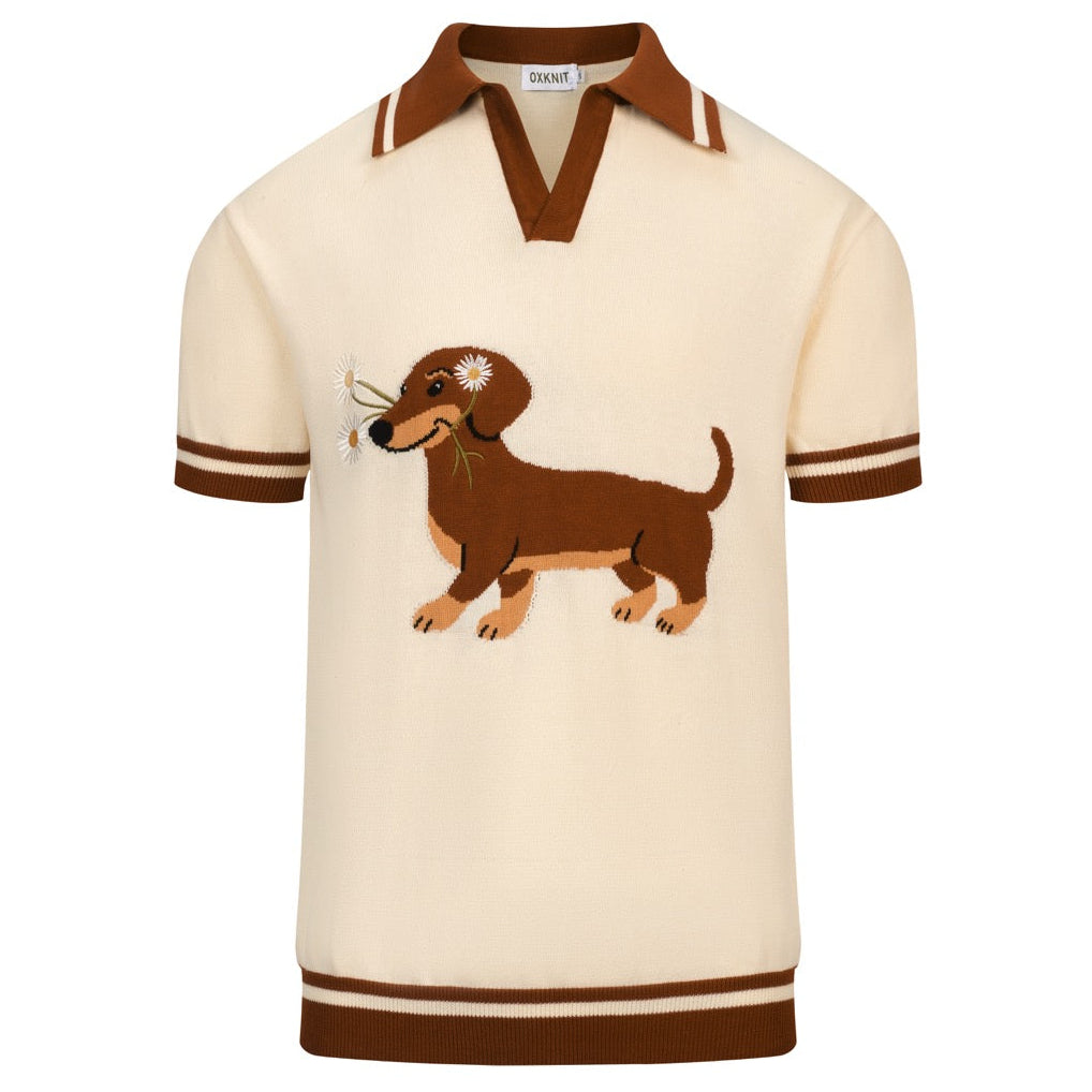 Men's Apricot Fun Dachshund Jacquard Polo Knit Shirt – OXKnit