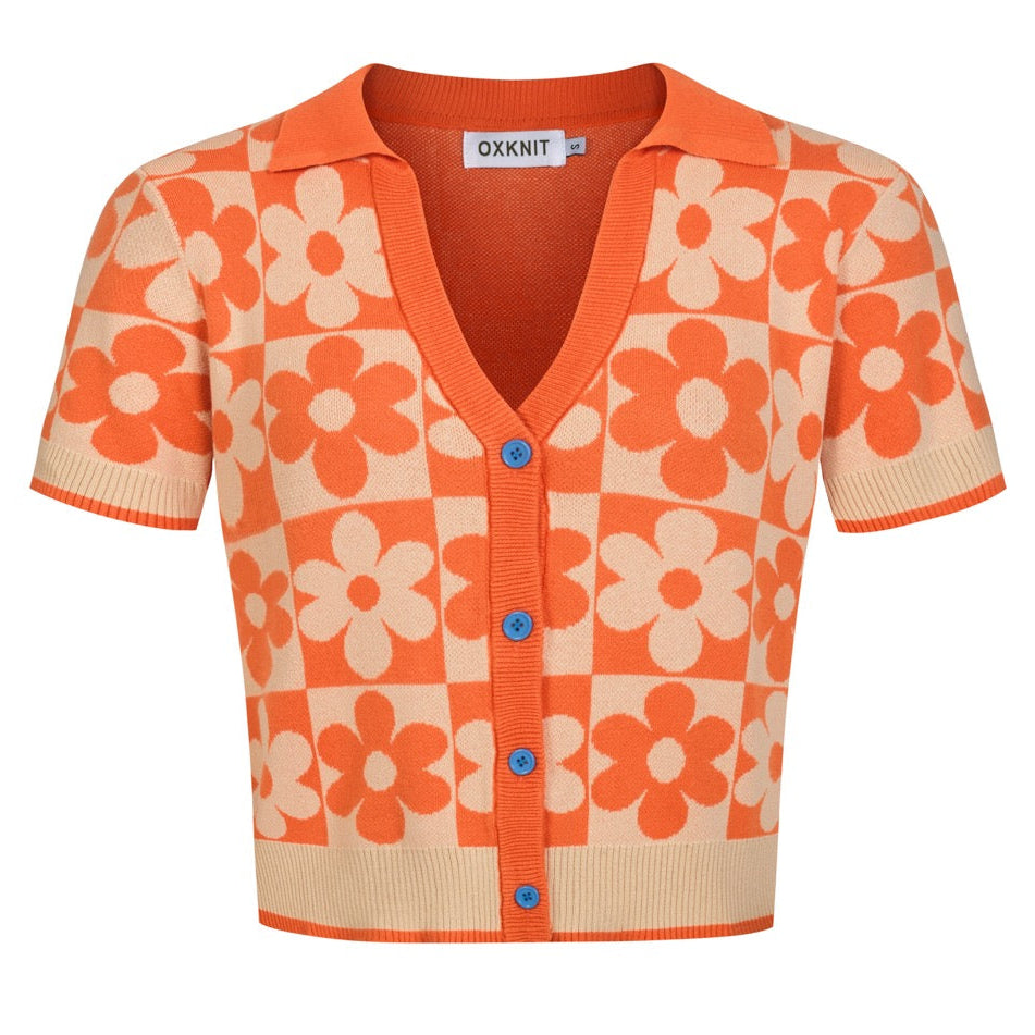 Women's Orange Retro Floral Art Jacquard Knit Top T-Shirt
