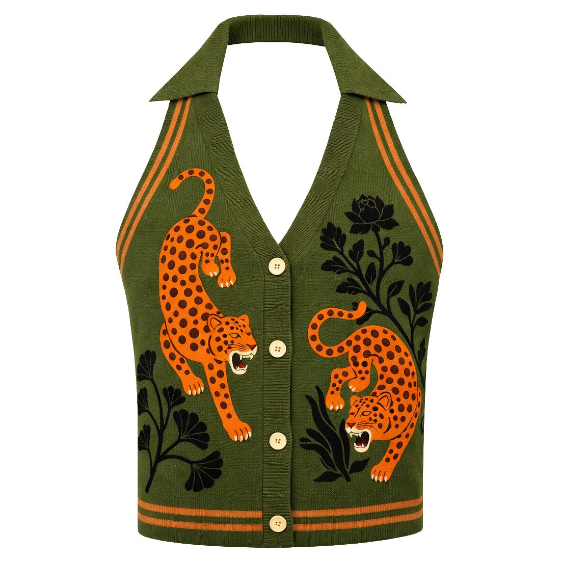 Women's Green Retro Wild Tropical Jungle Artistic Jacquard Halter Knit Vest