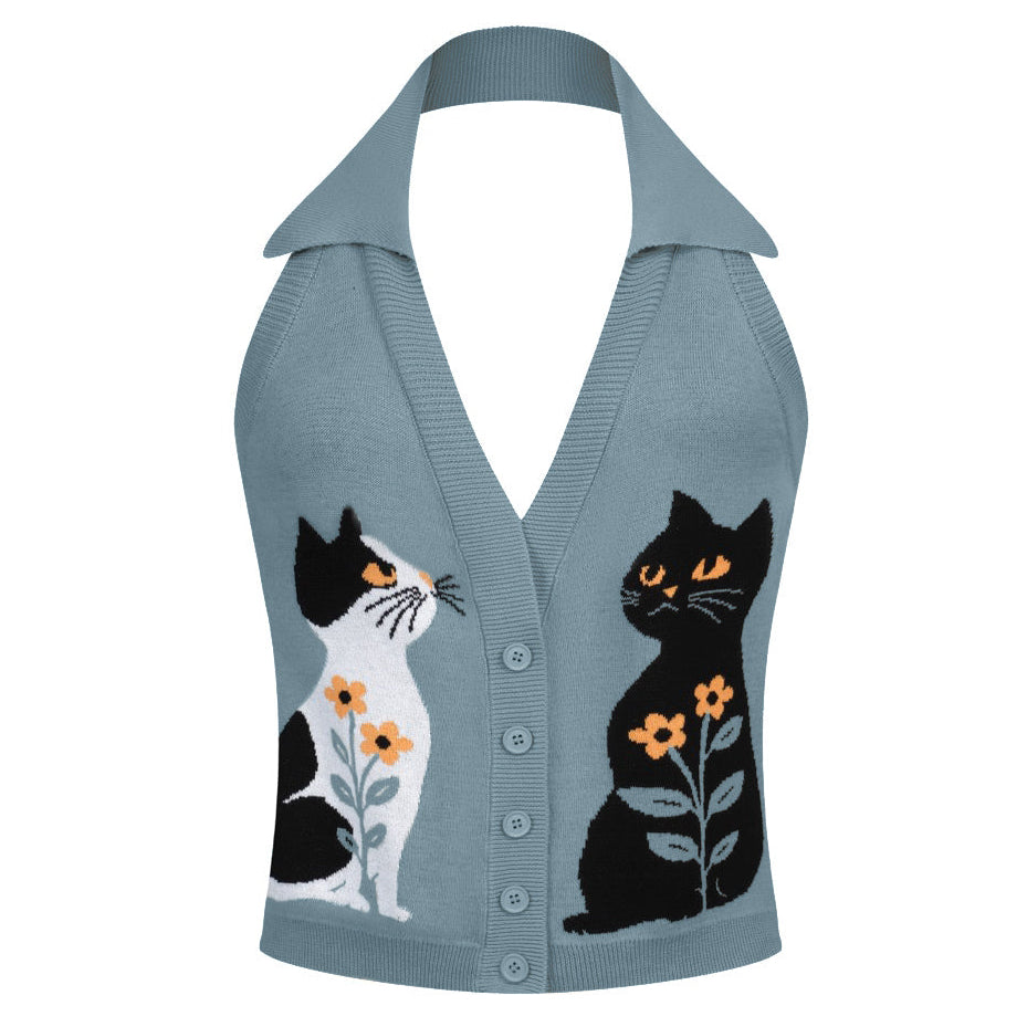Women's Retro Healing Cat Style Jacquard Halter Knit Vest – OXKnit