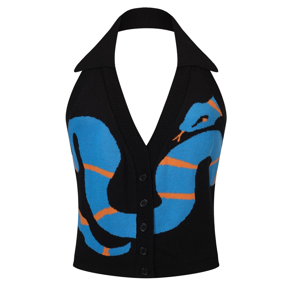 Women's Black 70s Artistic Animal Jacquard Halter Knit Vest – OXKnit