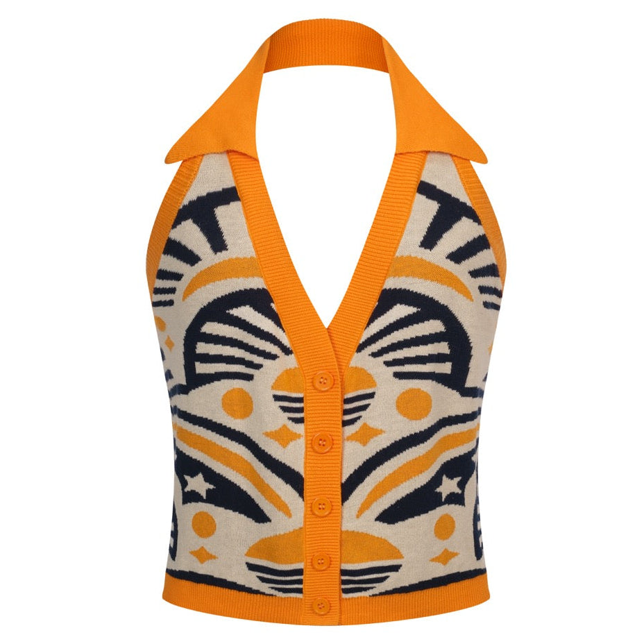 Women's Orange 70s Geometric Sun Jacquard Halter Knit Vest – OXKnit