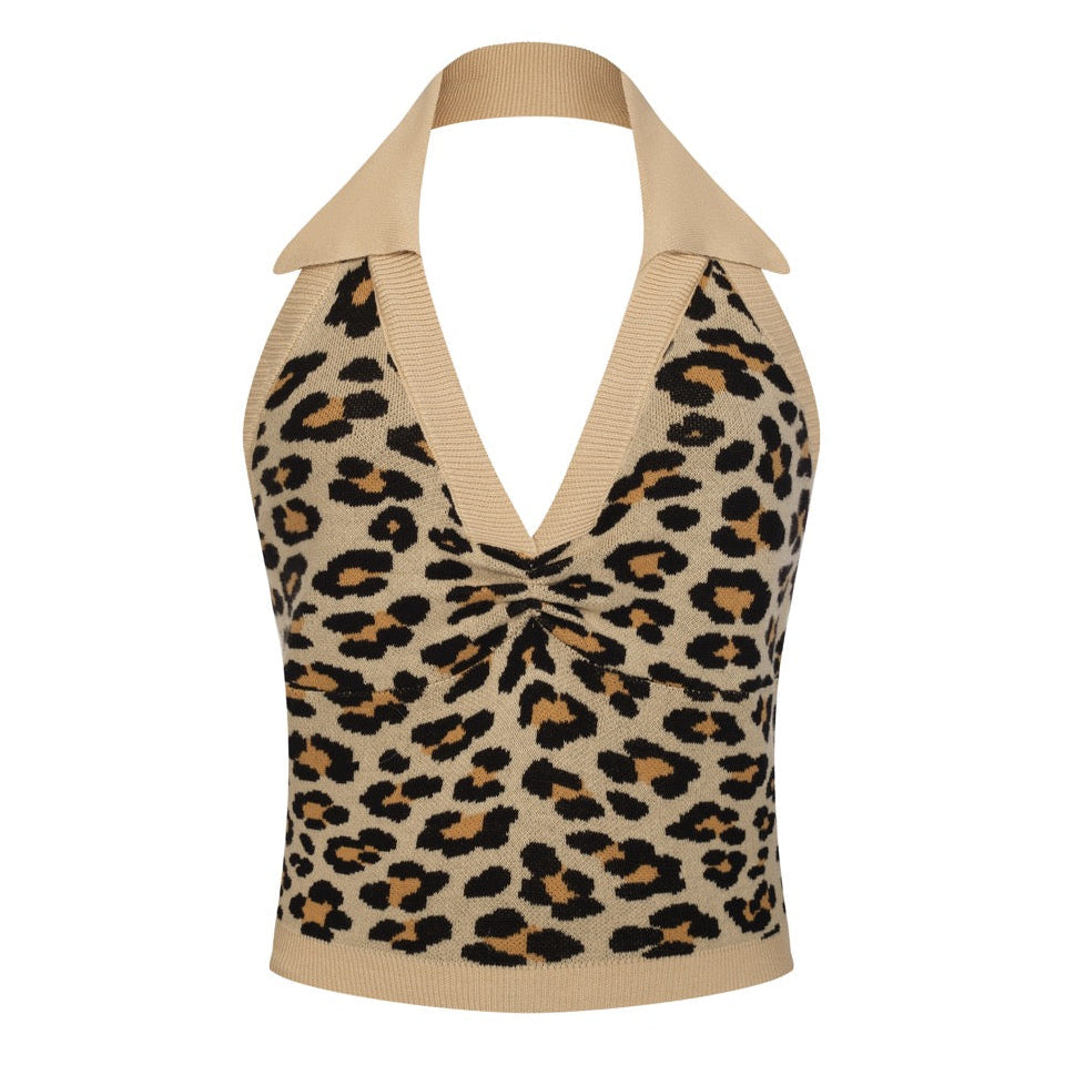 トップス 60's~70's/leopard vest Women's Light Khaki 70s Leopard Jacquard Halter Knit Vest – OXKnit