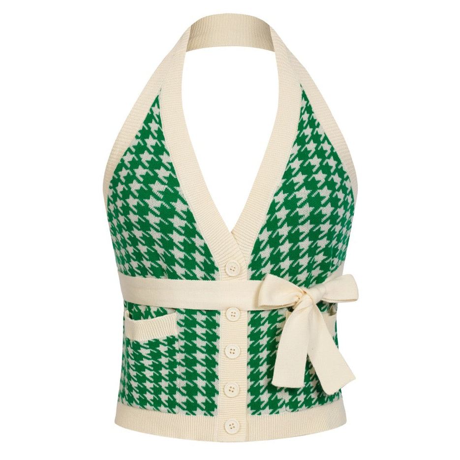 Women's 60s Green Houndstooth Jacquard Halter Knit Vest – OXKnit