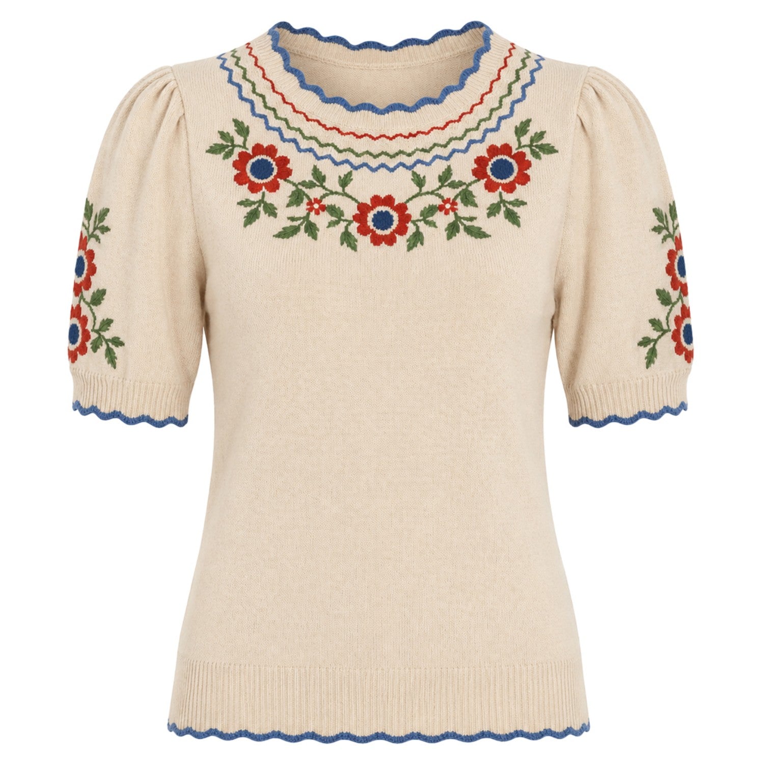Women's Apricot Folk Embroidered Retro Style Knit Top T-Shirt