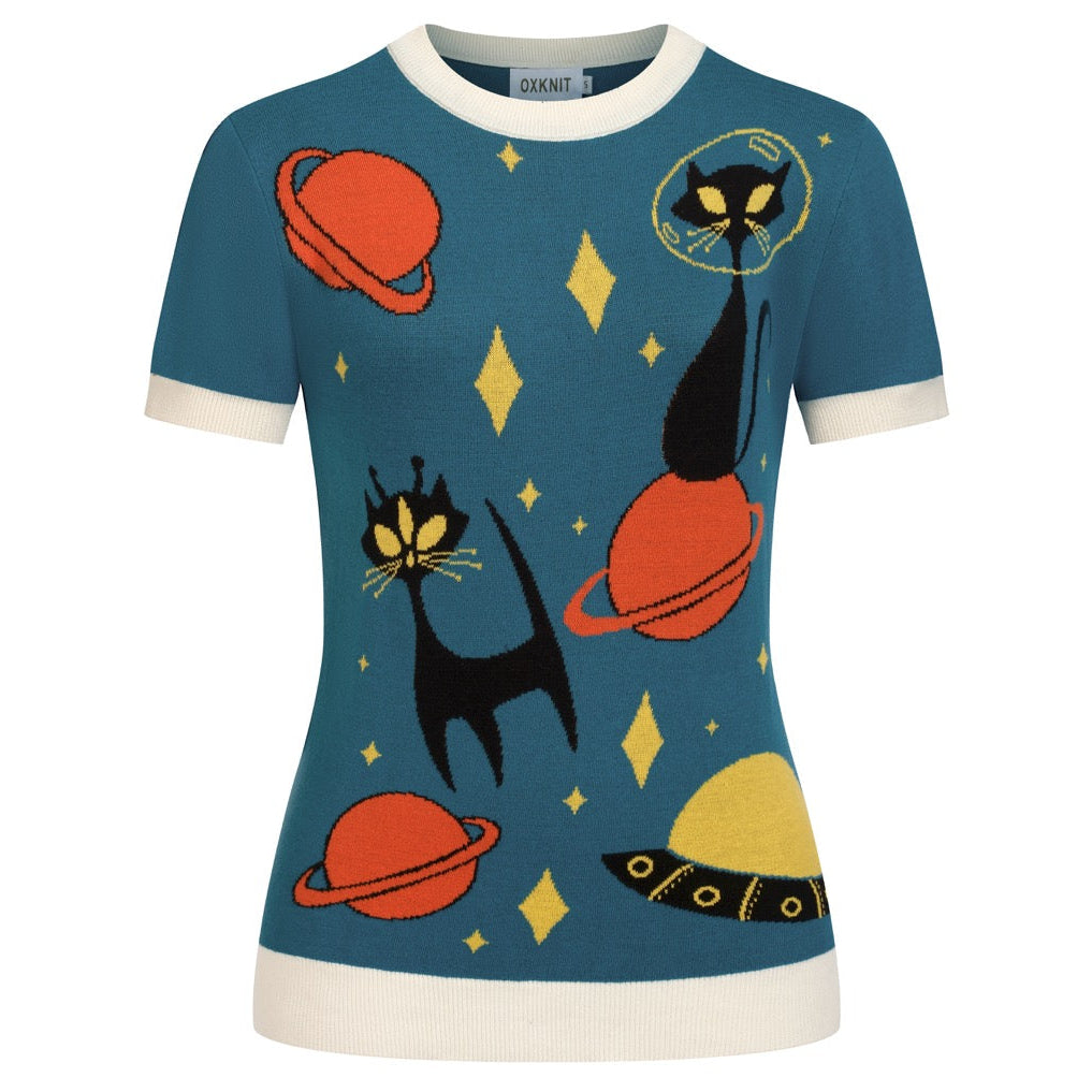 Women's Retro Space Cat Jacquard Knit T-Shirt - Designed by Tala
