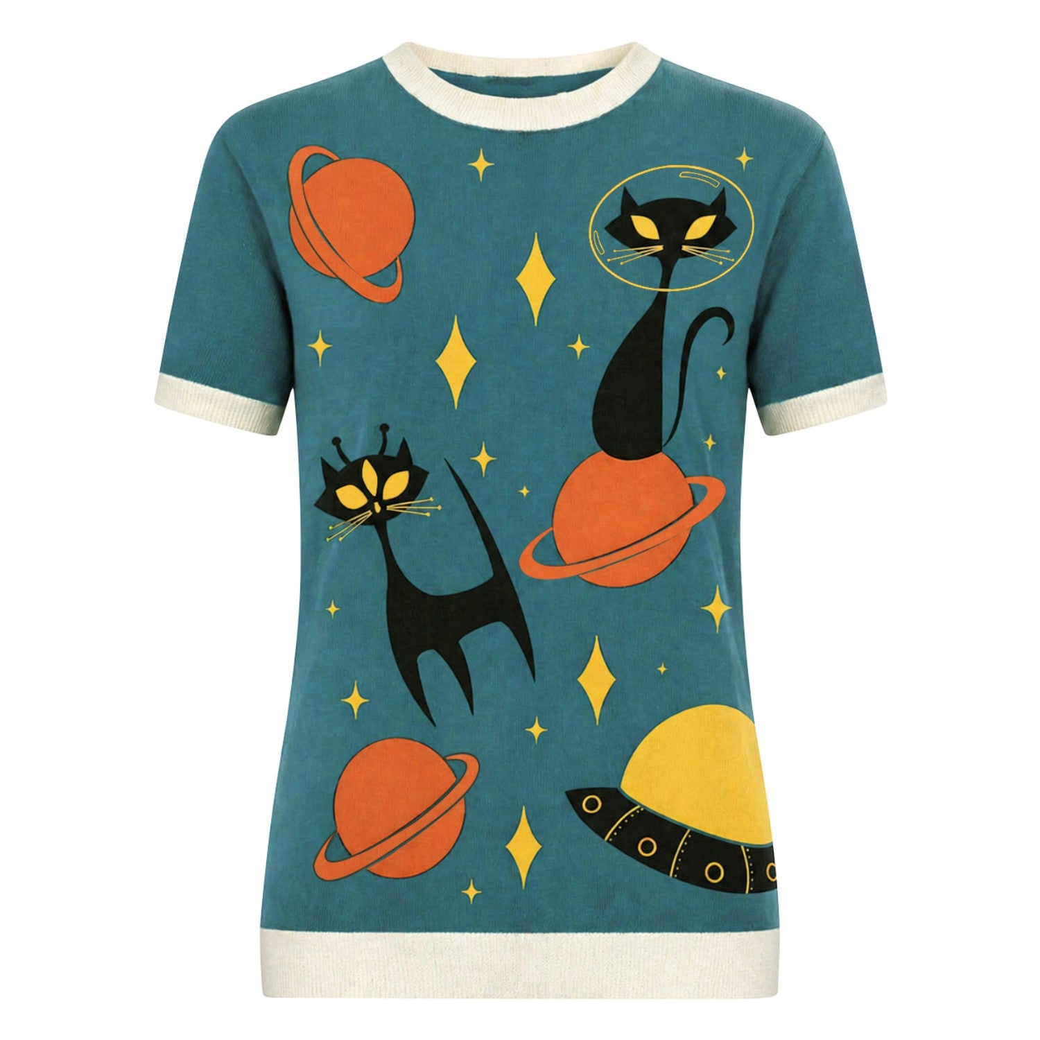Women's Retro Space Cat Jacquard Knit T-Shirt - Designed by Tala
