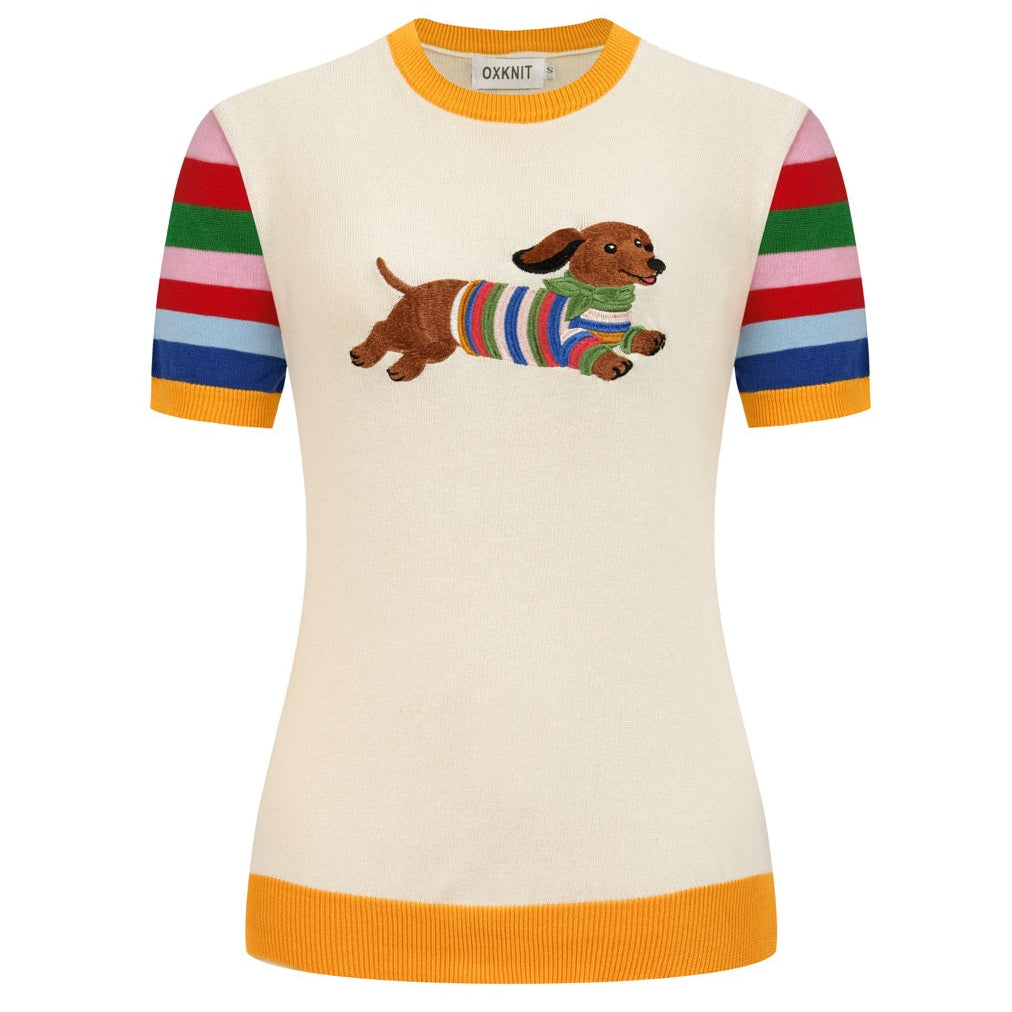 Women's Apricot Playful Dog Embroidered Crew Neck Knit T-shirt