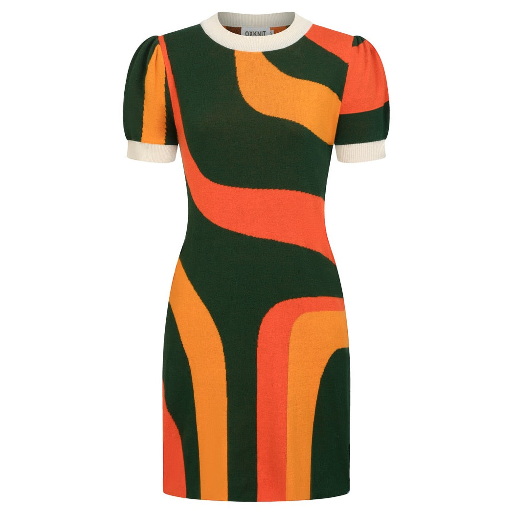 70s knit dress 70s Psychedelic Knit Maxi Dress Wavy Color-Block Statement Gown XS/S