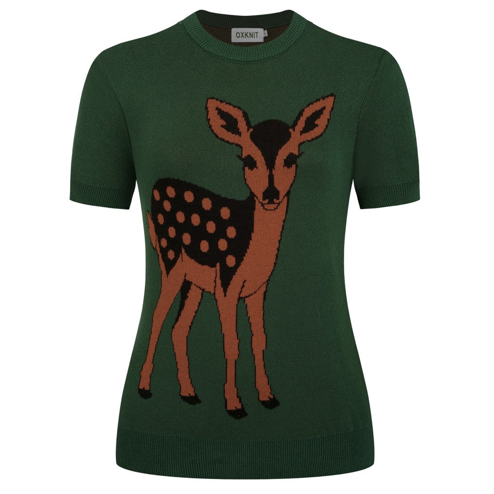 Women's Green Vintage Forest Deer Jacquard Knit T-Shirt – OXKnit