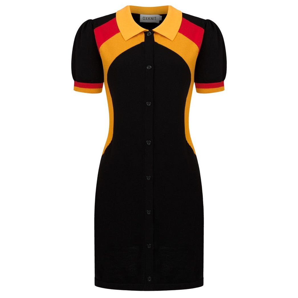 Women’s Black 70s Space Age Style Short Sleeve Knit Dress with Pocket, Black / S
