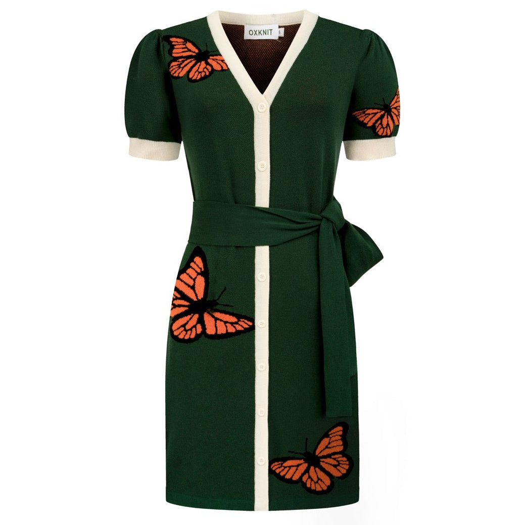 Women’s Deep Green Vintage Cottagecore Style Short Sleeve Knit Dress with Pocket, Green / S