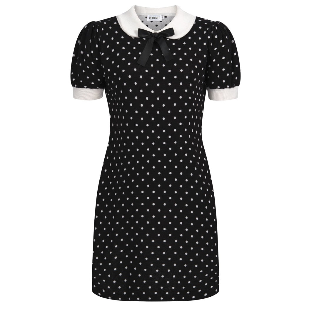 polka dot knit dress Women’s Black and White Peter Pan Collar Pocket Short Sleeve pleated abaya