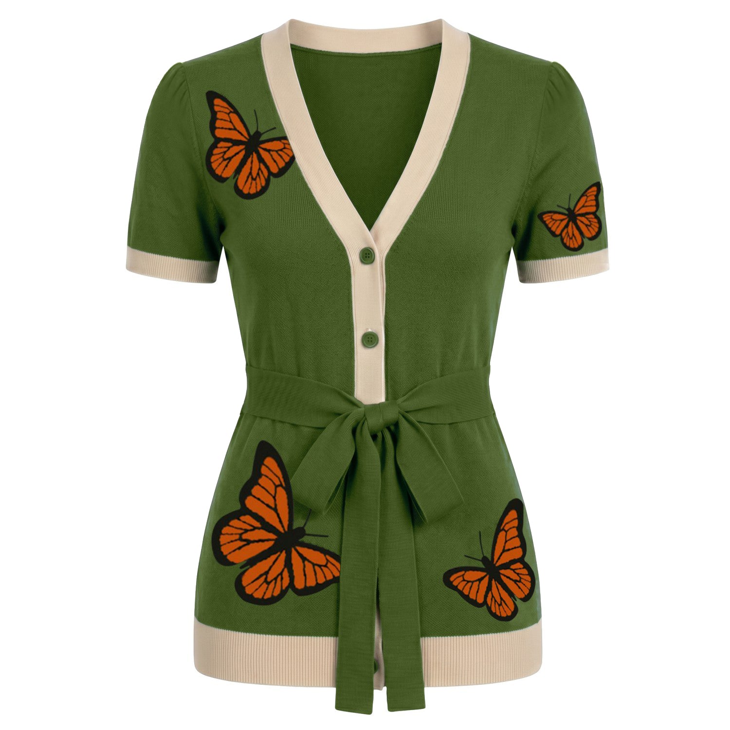 Women's Green Butterfly Resort-Style Short Sleeve Tie-Front Knit