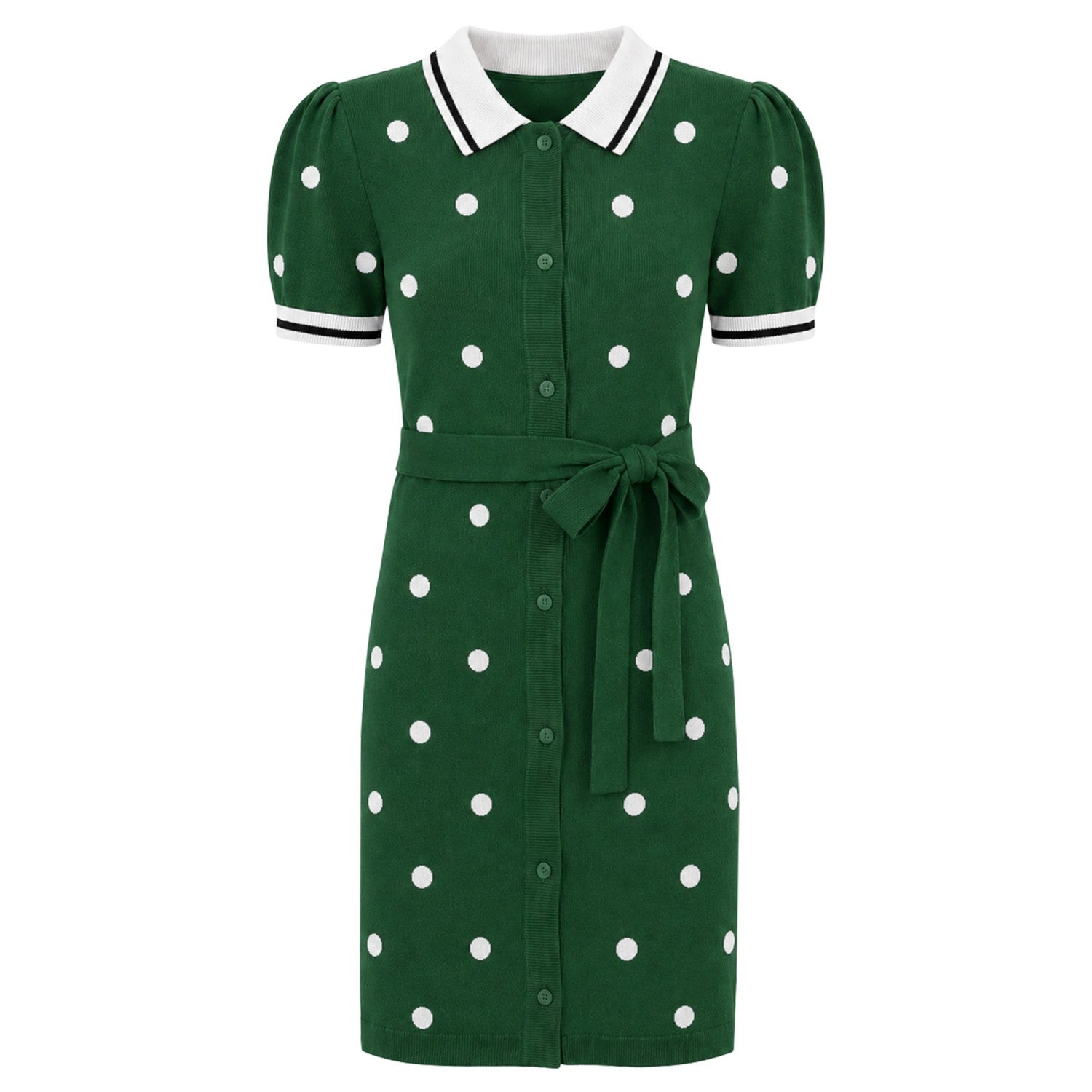 Women’s Green Polka Dot Pocket Short Sleeve Knit Dress, Green / L