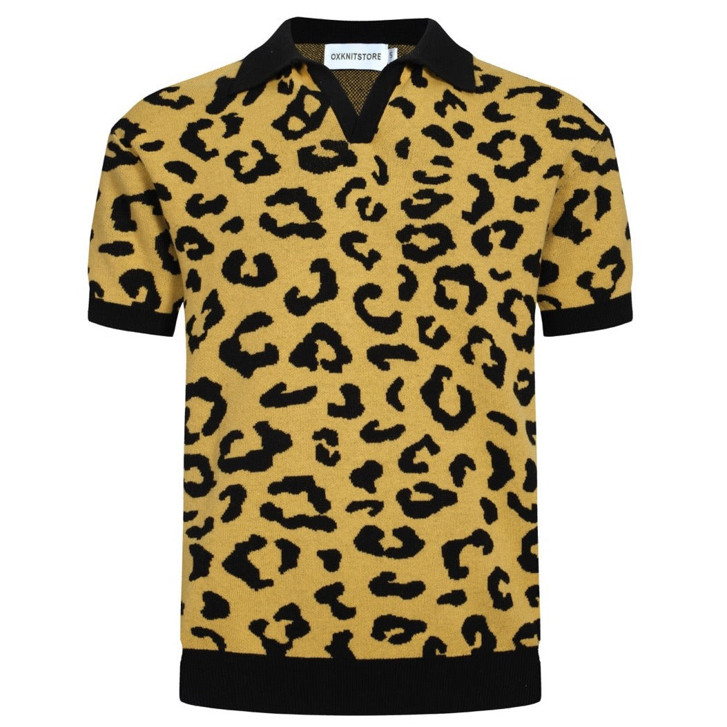 Men's 60s Leopard Print Knit Polo Shirt Bold Yellow Retro Top