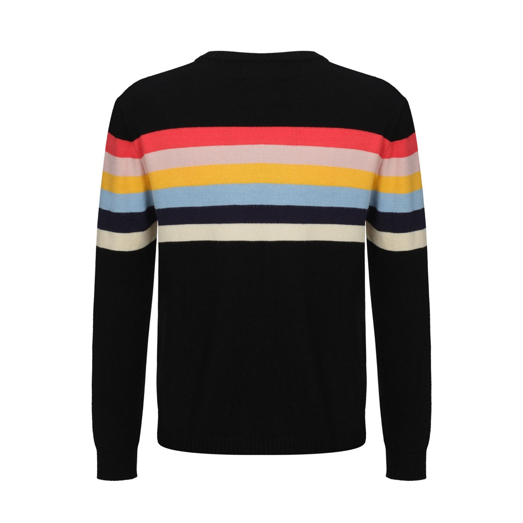 OXKNIT Men Vintage Clothing 1960s Mod Style Casual Rainbow Striped Chest Print Black Retro Sweater