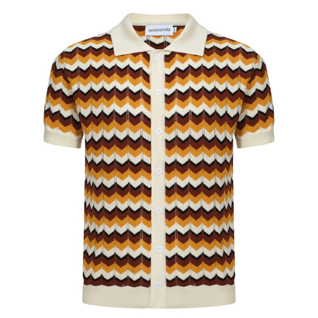 OXKNIT Men's Orange Wavy Stripes Beach Knitted Resort Polo Shirt, L