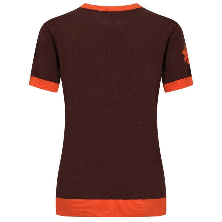 OXKNIT Women Vintage Clothing 1960s Mod Style Casual Red Flowers Short Sleeves Brown Knitwear Retro Tshirt