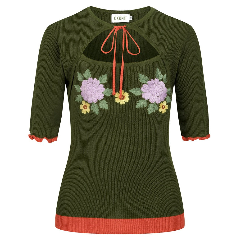 Women's Green Floral Pastoral Embroidered Knit Short-Sleeve T