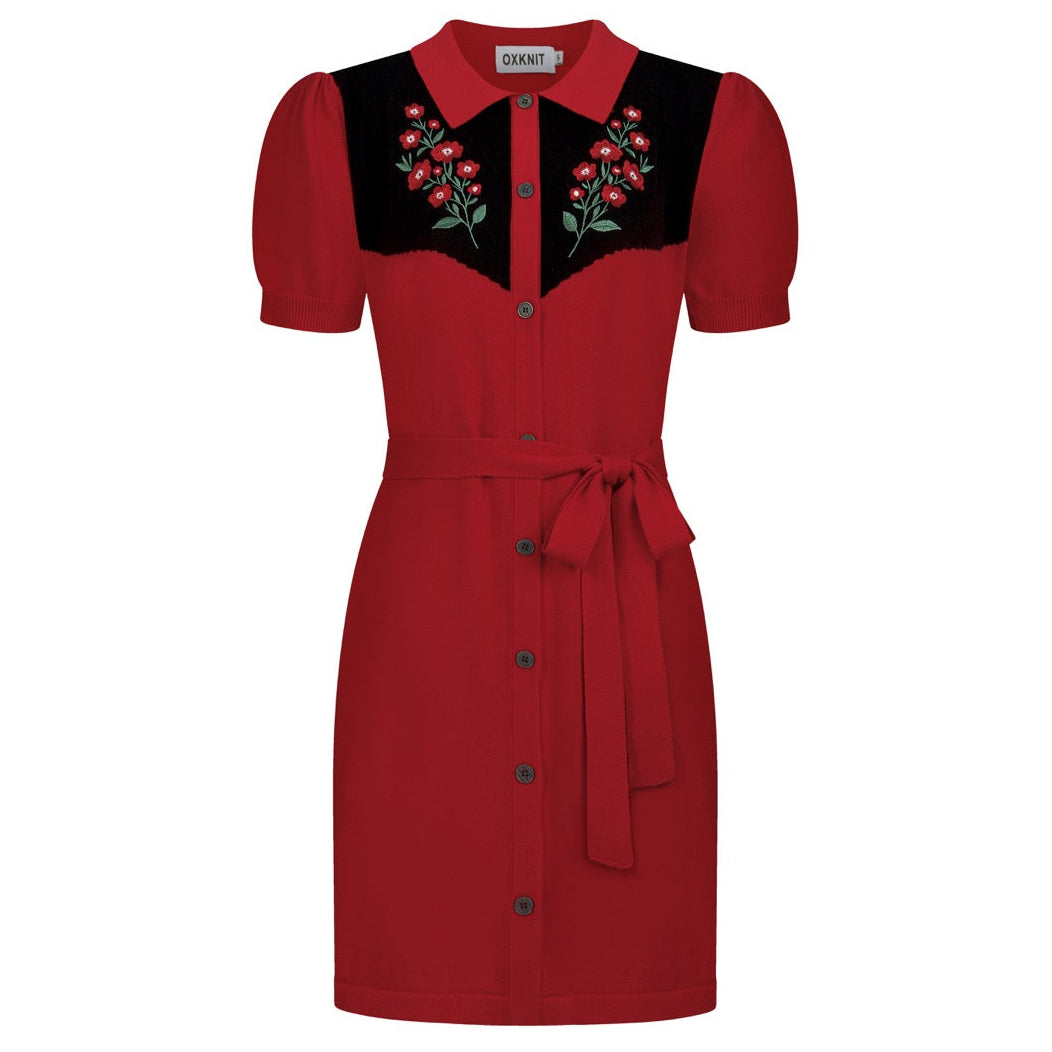 Women’s Red 70s Western Folk Floral Embroidered Pocket Short Sleeve Knit Dress, Red / XL