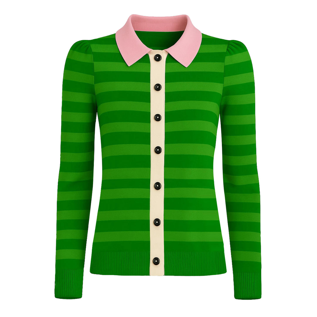 Women's green striped knitted jacquard with bubble sleeve cardigan
