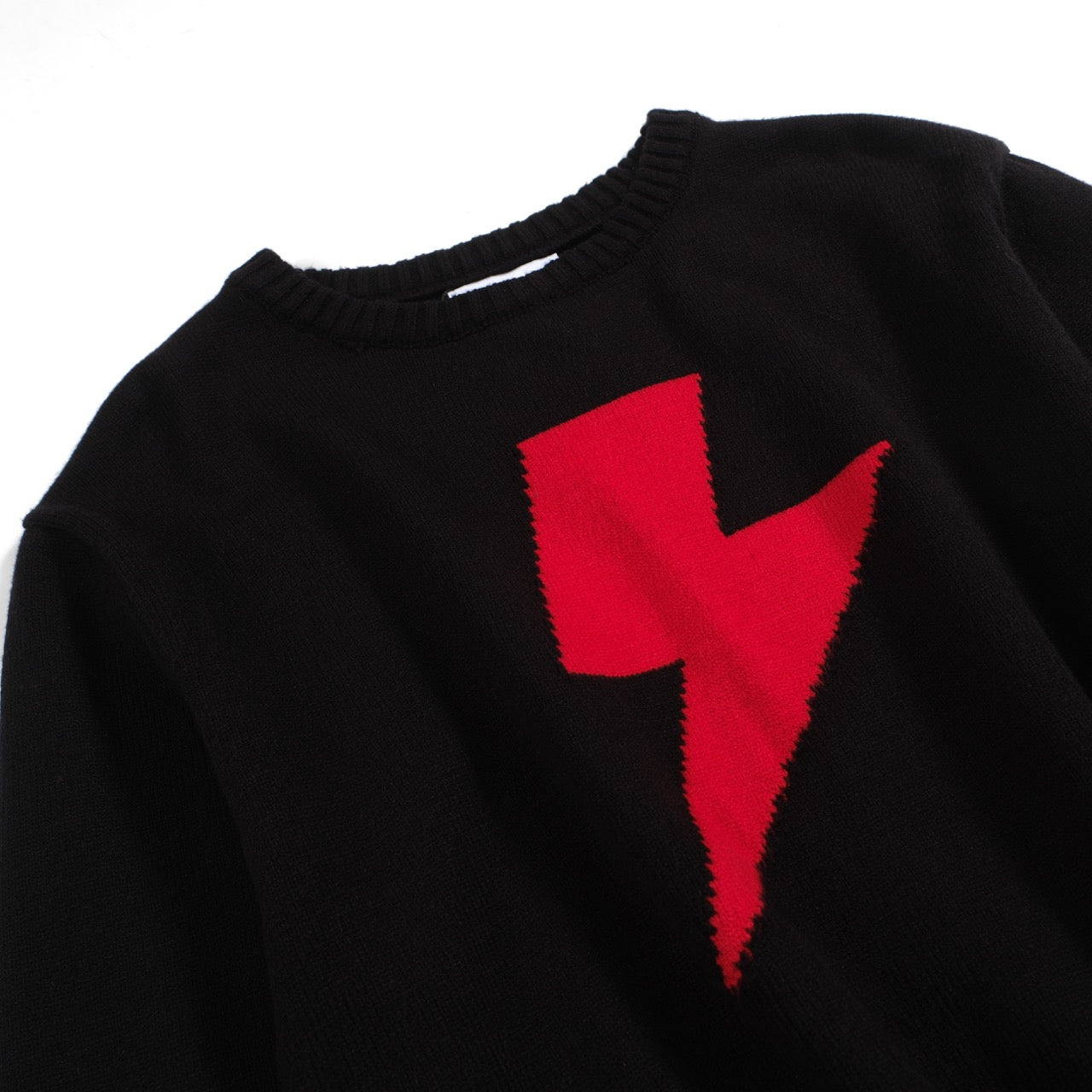 Men's Red Lightning Print Knitted Black Sweater