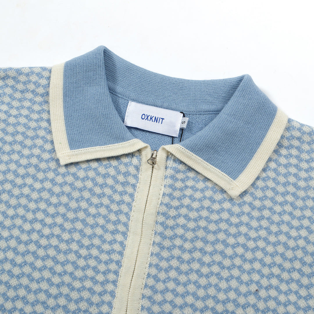 Polo masculino de malha Mod Zip dos anos 70 – camisa de verão com padrão diamante azul claro