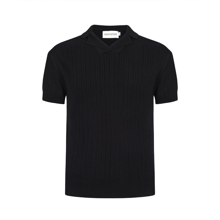 Polo masculino de malha canelada preta dos anos 60 – camisa retrô minimalista
