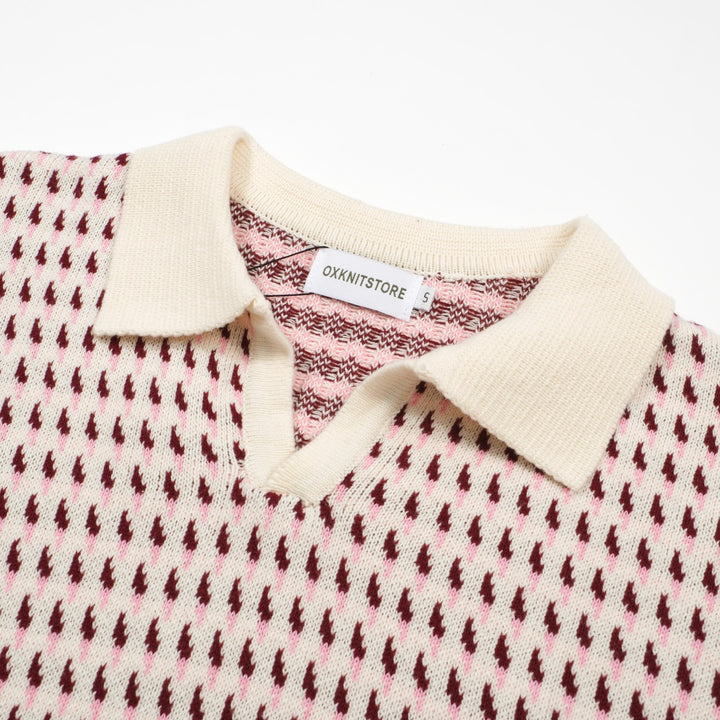 Polo da uomo in maglia color crema anni '60 - Stile retrò con micromotivi bordeaux