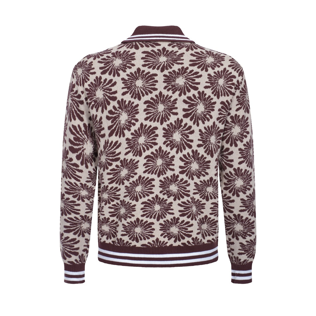 Men’s 70s Floral Knit Zip Jacket – Burgundy & Beige