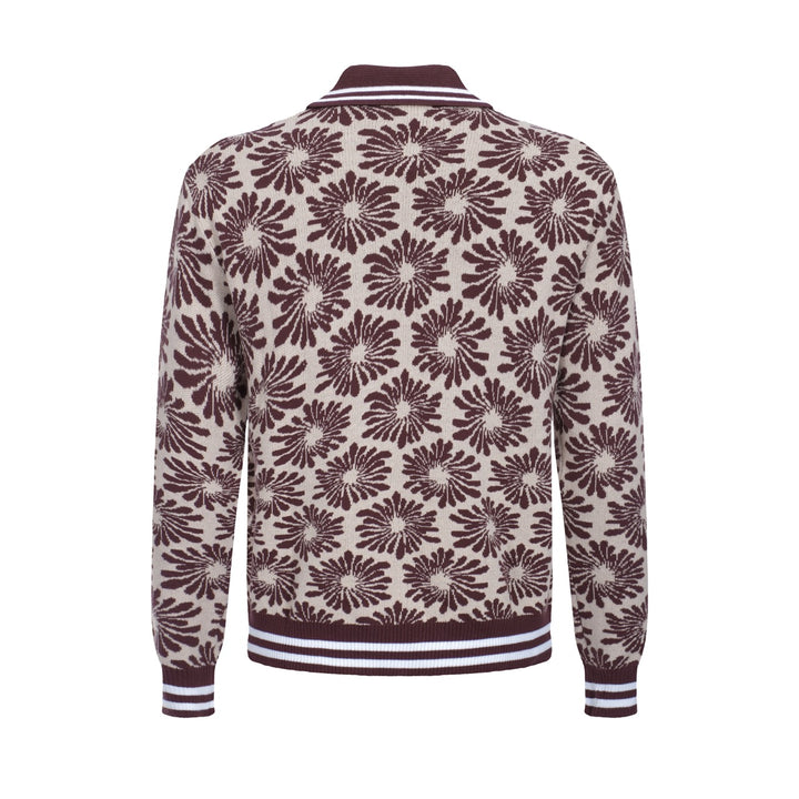 Men’s 70s Floral Knit Zip Jacket – Burgundy & Beige