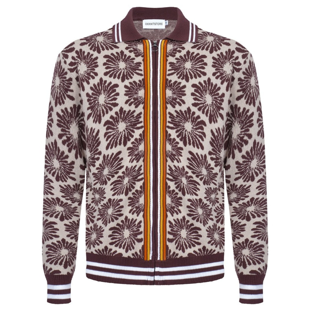 Men’s 70s Floral Knit Zip Jacket – Burgundy & Beige
