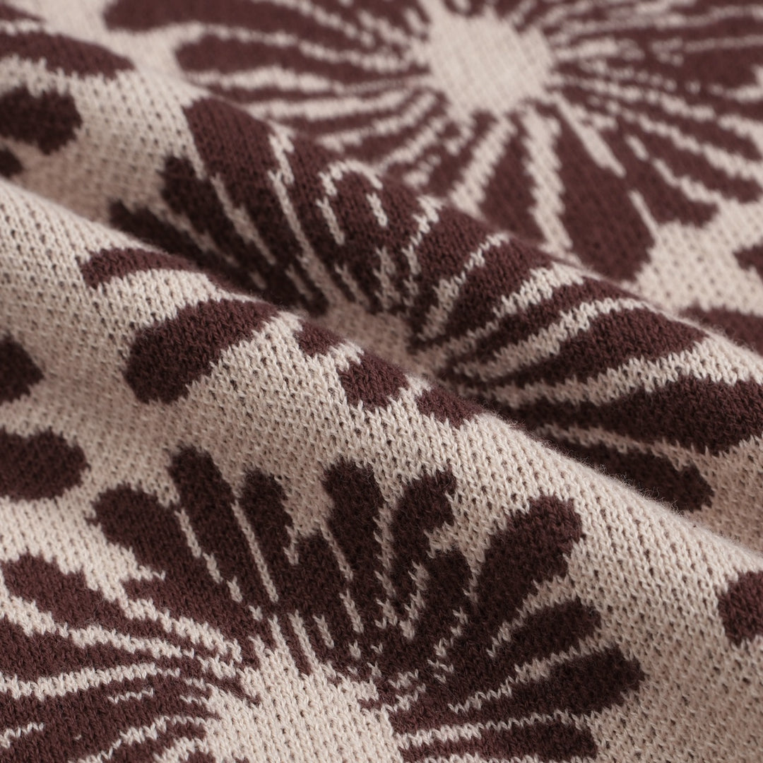 Men’s 70s Floral Knit Zip Jacket – Burgundy & Beige