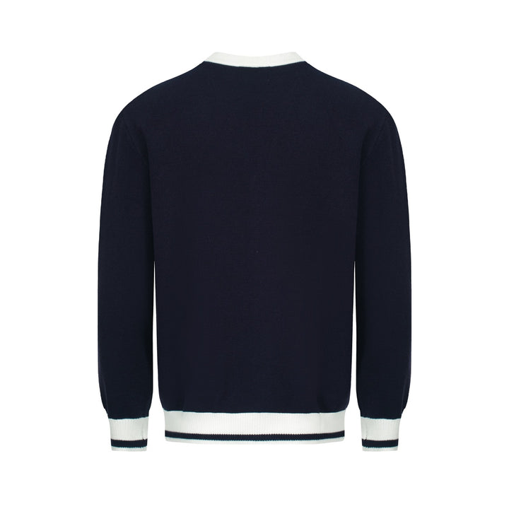 Men’s Vintage Navy Cardigan – Retro Contrast Trim Knit with Deep V-Neck