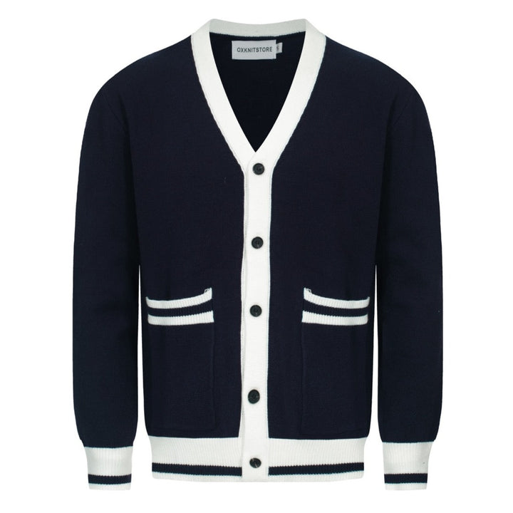 Men’s Vintage Navy Cardigan – Retro Contrast Trim Knit with Deep V-Neck