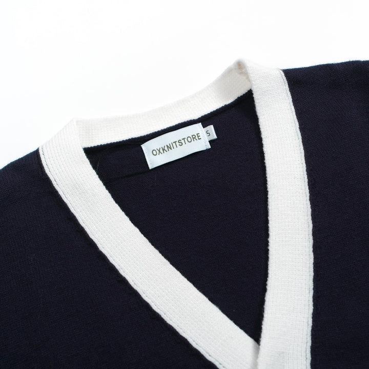 Men’s Vintage Navy Cardigan – Retro Contrast Trim Knit with Deep V-Neck