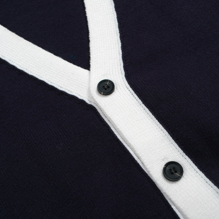 Men’s Vintage Navy Cardigan – Retro Contrast Trim Knit with Deep V-Neck