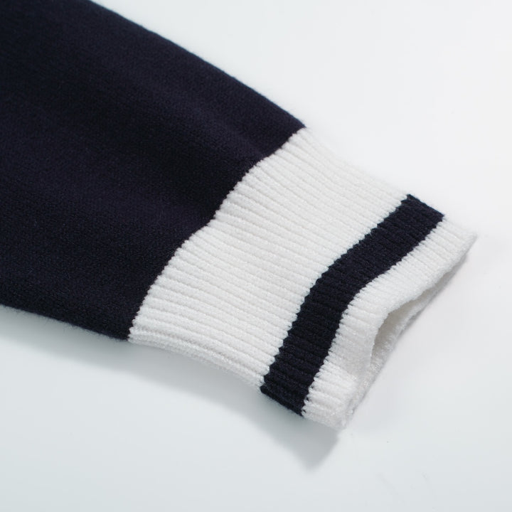 Men’s Vintage Navy Cardigan – Retro Contrast Trim Knit with Deep V-Neck