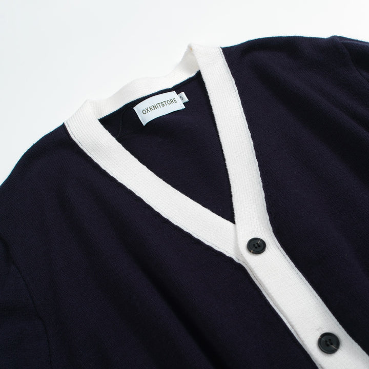 Men’s Vintage Navy Cardigan – Retro Contrast Trim Knit with Deep V-Neck