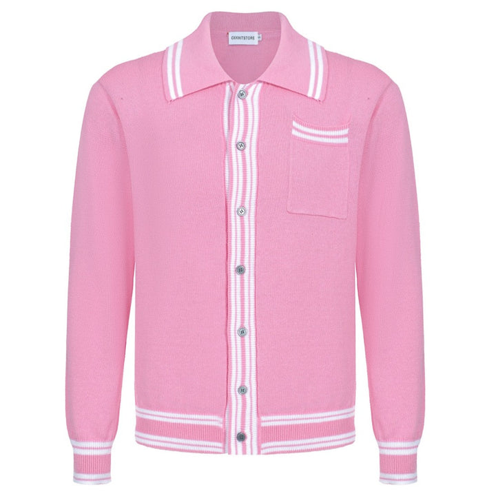 Men's Vintage Pink Polo Sweater with Striped Details