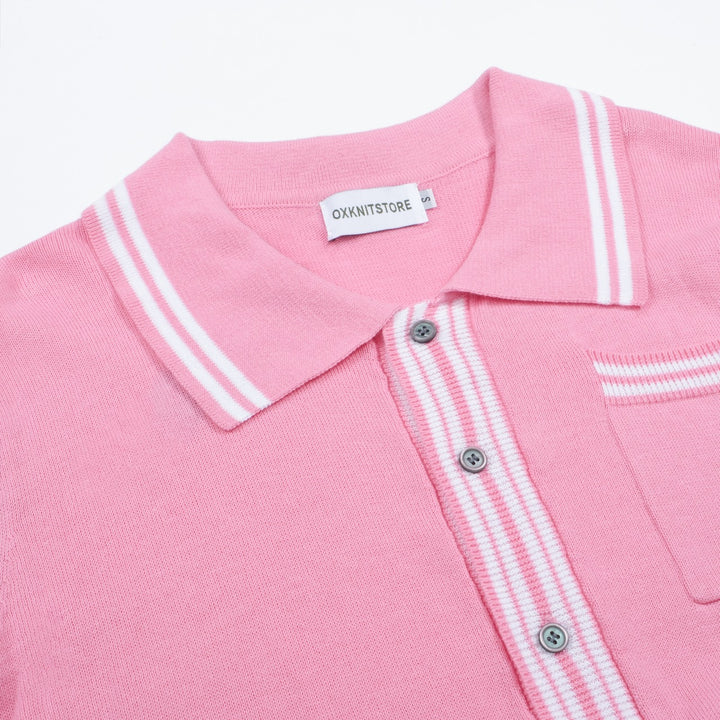 Men's Vintage Pink Polo Sweater with Striped Details