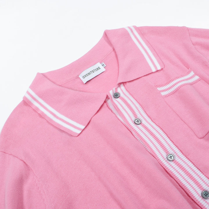 Men's Vintage Pink Polo Sweater with Striped Details