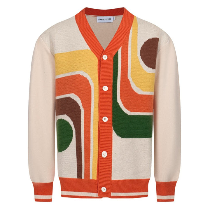 Retro strikcardigan fra 1970'erne til mænd - Vintage creme med flerfarvet geometrisk print