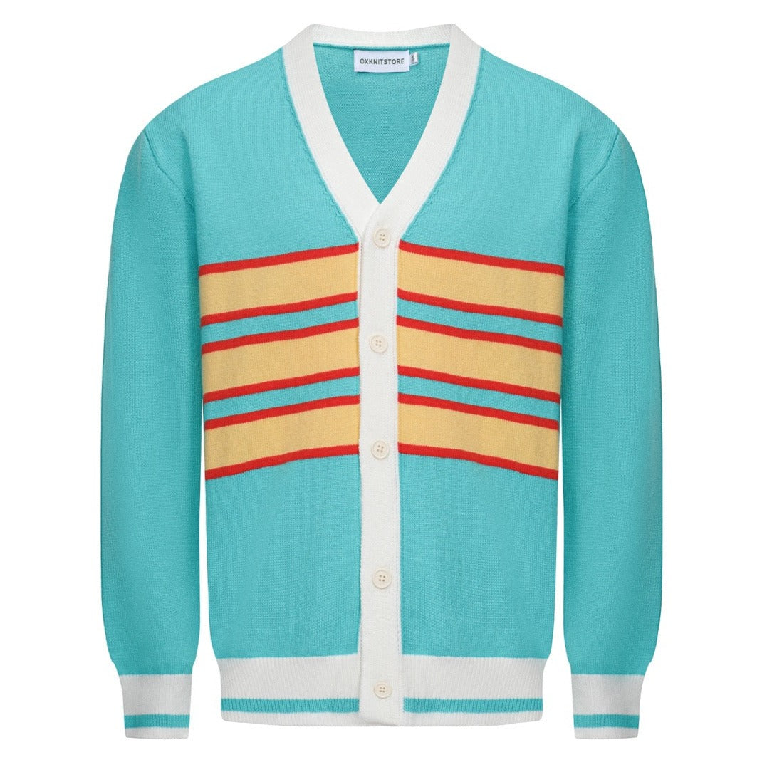 Men's Red & Light Yellow Chest Stripes Knitted Long Sleeves Lake Blue